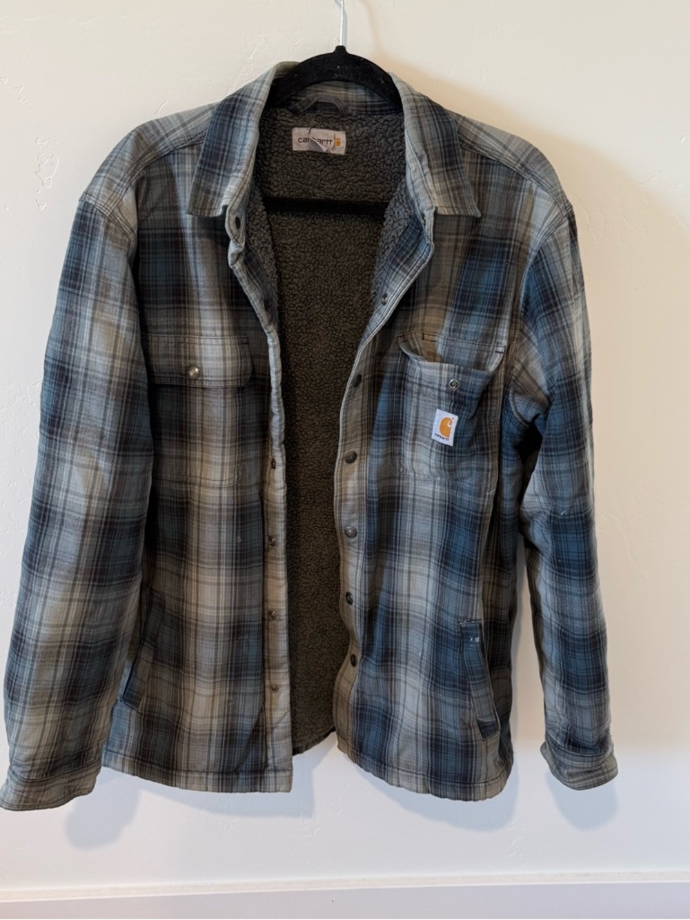 Carhartt Men's Blue Gray Plaid Hubbard Sherpa Lined Work Jacket L Distressed